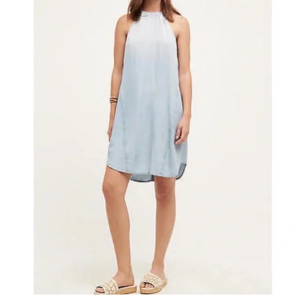 Anthropologie | Dresses | Anthro Ombr Light Blue Chambray Halter Midi Dress  W Drawstring Neck Sz L | Poshmark